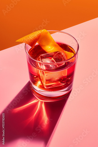 Vibrant cocktail garnished with orange peel