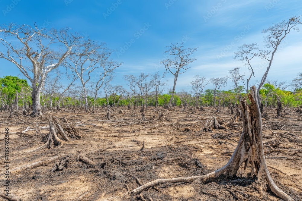 Barren Landscape of a Deserted Forest with Dead Trees and Exposed Roots Under Clear Blue Sky in a Regenerative Nature Habitat Barren Landscape of a Deserted Forest with Dead Trees and Exposed Roots Under Clear Blue Sky in a Regenerative Nature Habitat