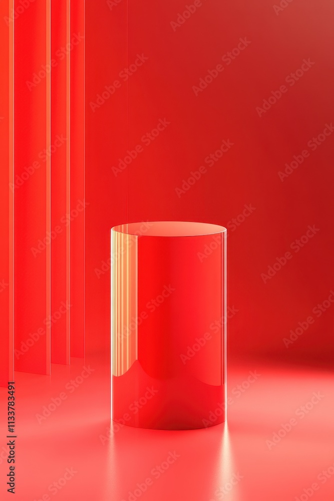 Modern minimalist scene with a red cylindrical podium, a seamless red gradient background, and vertical glass lines that enhance the composition, ultra-high-resolution vector style Modern minimalist scene with a red cylindrical podium, a seamless red gradient background, and vertical glass lines that enhance the composition, ultra-high-resolution vector style