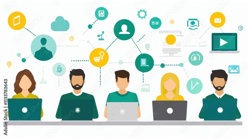 Illustration of people working on laptops with various digital icons representing technology. Illustration of people working on laptops with various digital icons representing technology.