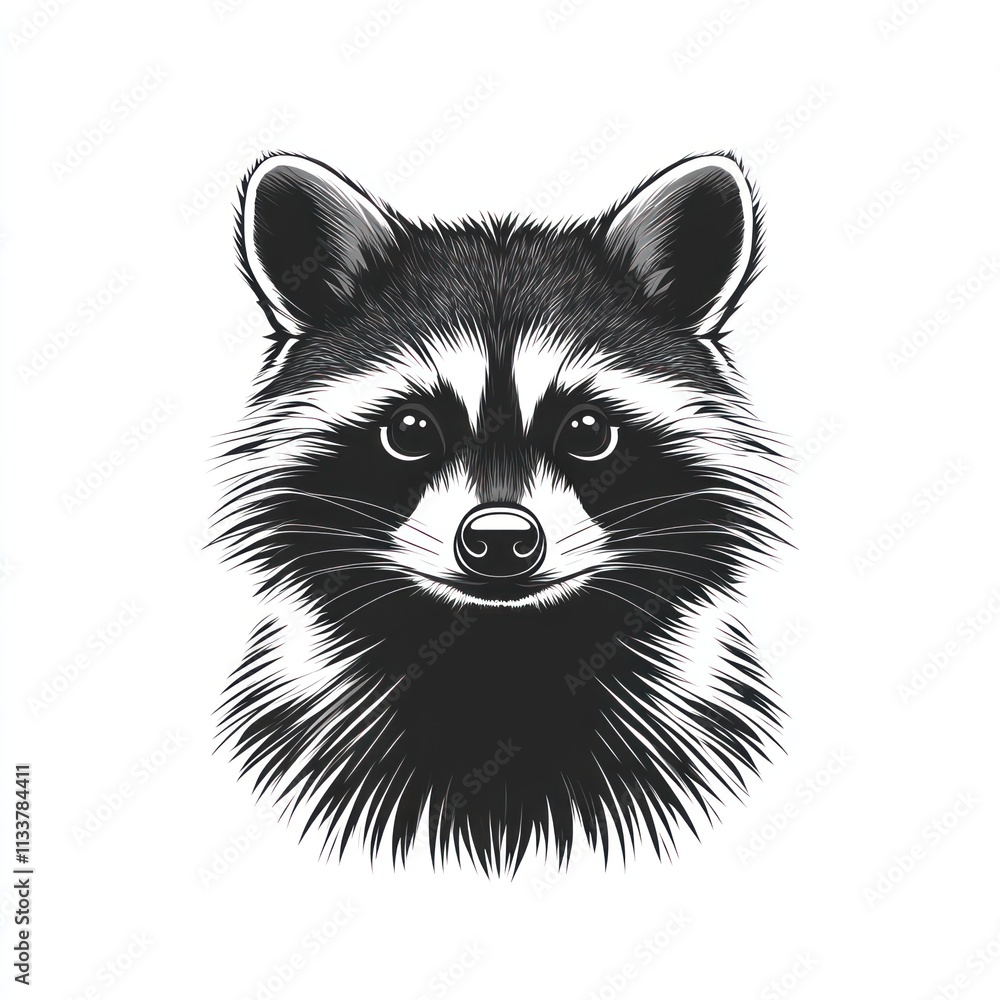 Detailed black and white illustration of a raccoon's head, facing forward, with expressive eyes and a friendly expression.. Detailed black and white illustration of a raccoon's head, facing forward, with expressive eyes and a friendly expression..