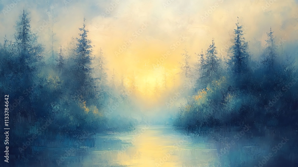 Misty forest landscape with a serene river at sunrise, atmospheric and tranquil. Misty forest landscape with a serene river at sunrise, atmospheric and tranquil.