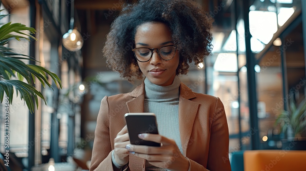 Focused young businesswoman using smartphone in modern office. Focused young businesswoman using smartphone in modern office.