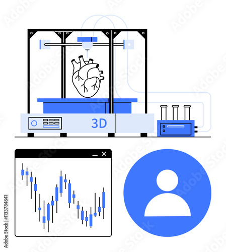 A 3D printer creating a heart model next to scientific equipment and a blue user icon. Below, a data graph shows analytical trends. Ideal for biotechnology, healthcare, medical research, 3D printing