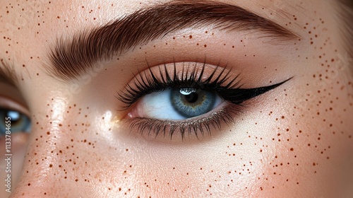 Close-up of a woman's eye with makeup and freckles, showcasing beauty and detail.