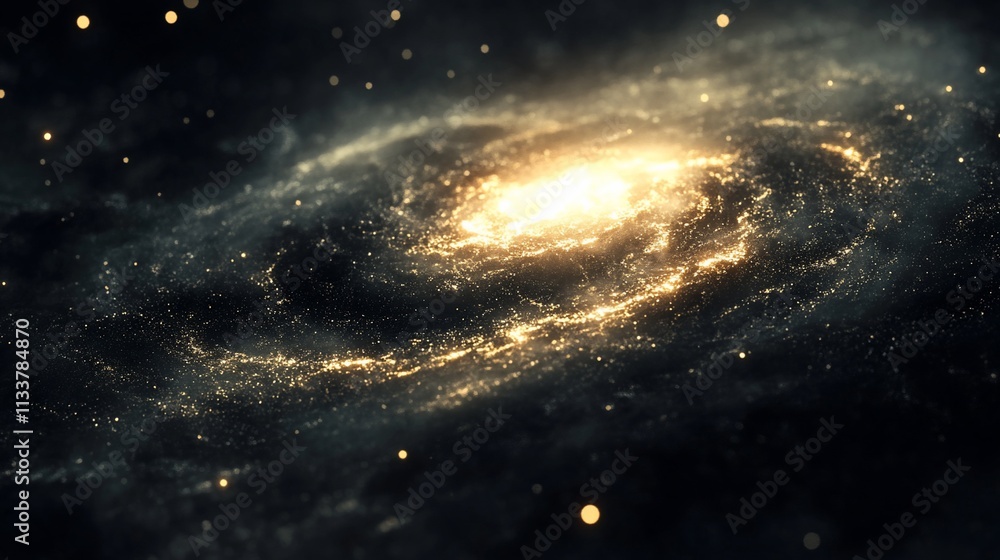 Fototapeta premium Spiral galaxy with golden spiral arms in dark space.
