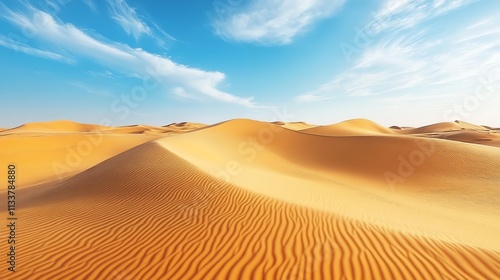 Expansive golden sand dunes under a blue sky with wispy clouds.