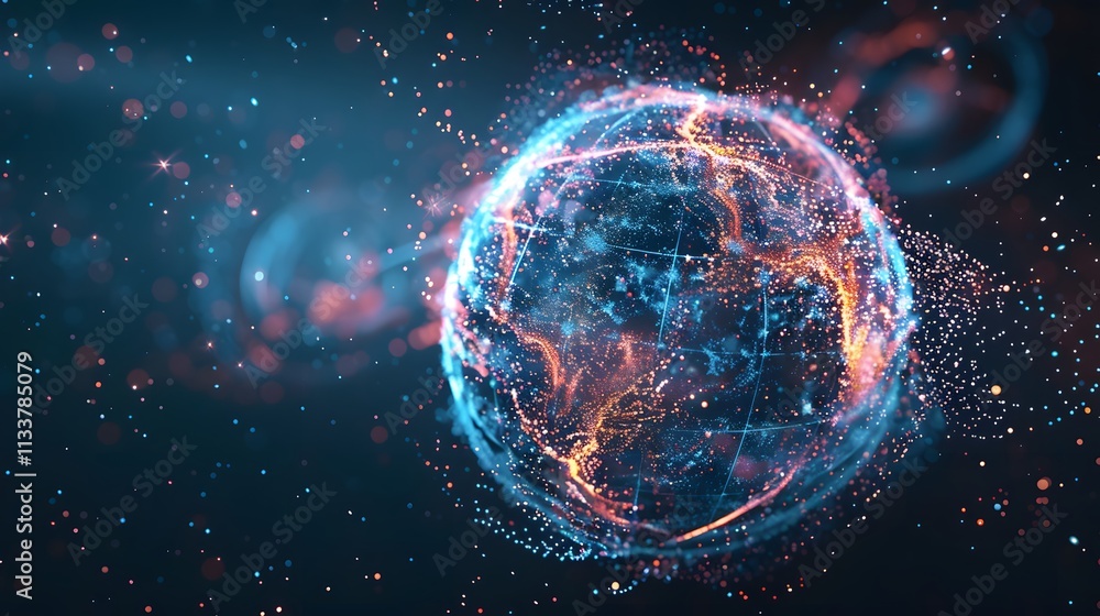 Abstract glowing digital Earth with red and blue particles. Abstract glowing digital Earth with red and blue particles.