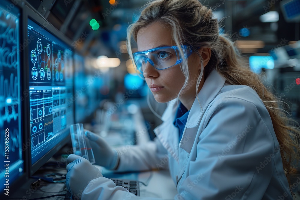 Woman in Lab Coat Working on Computer Screen Woman in Lab Coat Working on Computer Screen