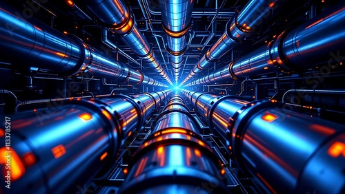 Metal pipes in a modern industrial air conditioning system on the ceiling, with cold and warm colors