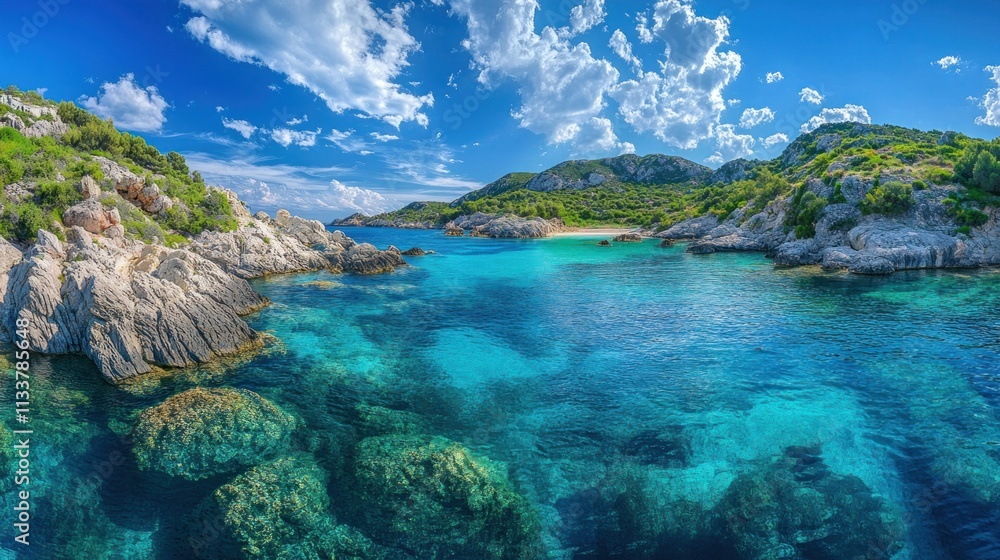 Fototapeta premium Crystal cove with clear water and rocky coast under blue sky.