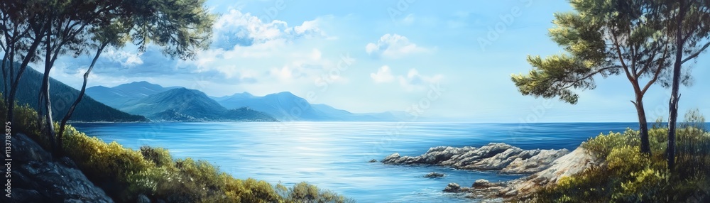 Serene coastline with trees, mountains in the background under a clear blue sky. Serene coastline with trees, mountains in the background under a clear blue sky.