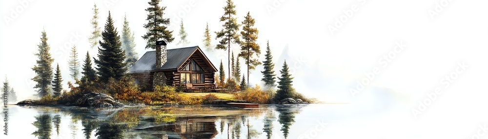 A serene wooden cabin surrounded by lush trees by a tranquil lake. A serene wooden cabin surrounded by lush trees by a tranquil lake.