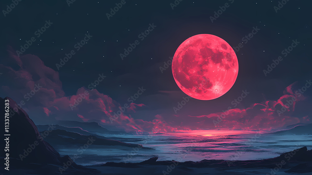 Ethereal red full moon looming large in night sky haunting crimson orb casts otherworldly glow on landscape below mysterious and captivating celestial phenomenon. Looming. Illustration Ethereal red full moon looming large in night sky haunting crimson orb casts otherworldly glow on landscape below mysterious and captivating celestial phenomenon. Looming. Illustration