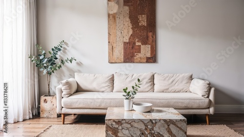 Generative AI, Contemporary living room with textured sofa and neutral tones photo