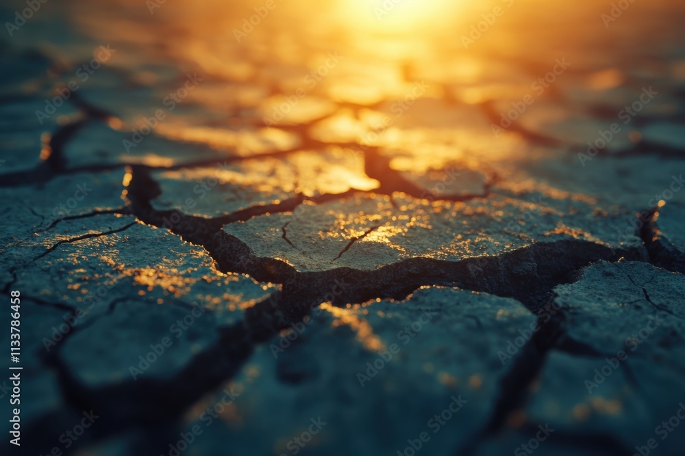 Close-up View of Cracked Ground Surface at Sunset Highlighting Texture and Patterns in Dry Earth with Warm Light Reflections Close-up View of Cracked Ground Surface at Sunset Highlighting Texture and Patterns in Dry Earth with Warm Light Reflections