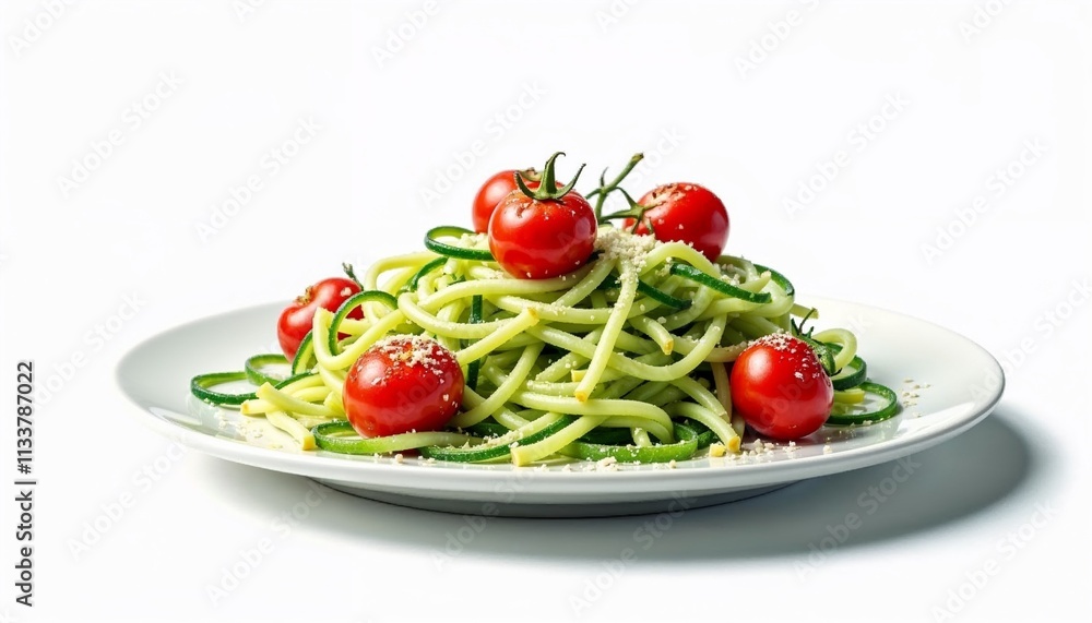 Zucchini noodles with cherry tomatoes and parmesan on a plate Zucchini noodles with cherry tomatoes and parmesan on a plate