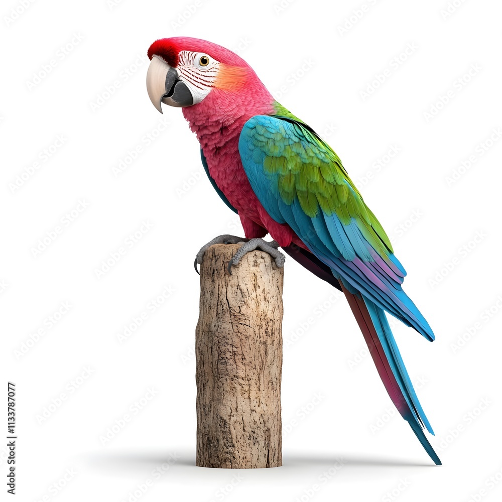 Colorful parrot perched on a tree stump, showcasing vibrant feathers in shades of pink, blue, green, and yellow, isolated on a white background Colorful parrot perched on a tree stump, showcasing vibrant feathers in shades of pink, blue, green, and yellow, isolated on a white background