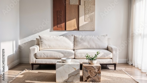 Generative AI, Contemporary living room with textured sofa and neutral tones photo