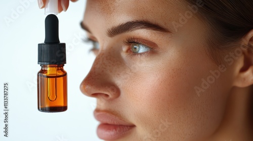 A woman holding a dropper bottle, likely for skincare or beauty purposes.