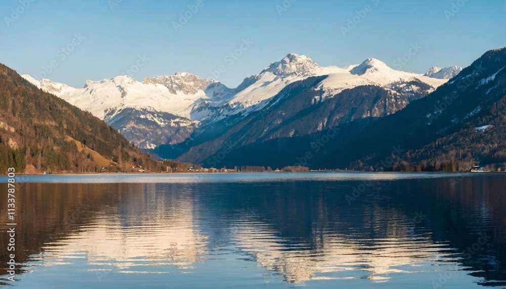 Snow-Capped Mountain Range Reflecting on Calm Alpine Lake at Sunset Snow-Capped Mountain Range Reflecting on Calm Alpine Lake at Sunset