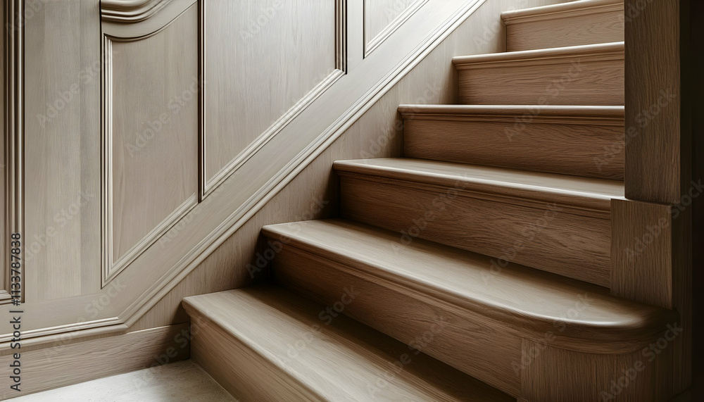 A close-up view of elegant wooden stairs with a refined design and soft lighting. A close-up view of elegant wooden stairs with a refined design and soft lighting.