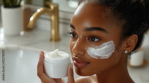A woman applies cream to her face, showcasing skincare routine and self-care.