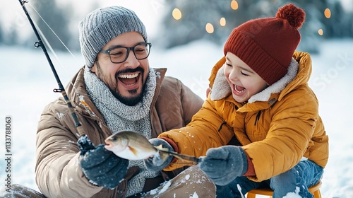 Father son happy smiling winter concept. A joyful father and son share a winter fishing moment, celebrating their catch amidst a snowy landscape.