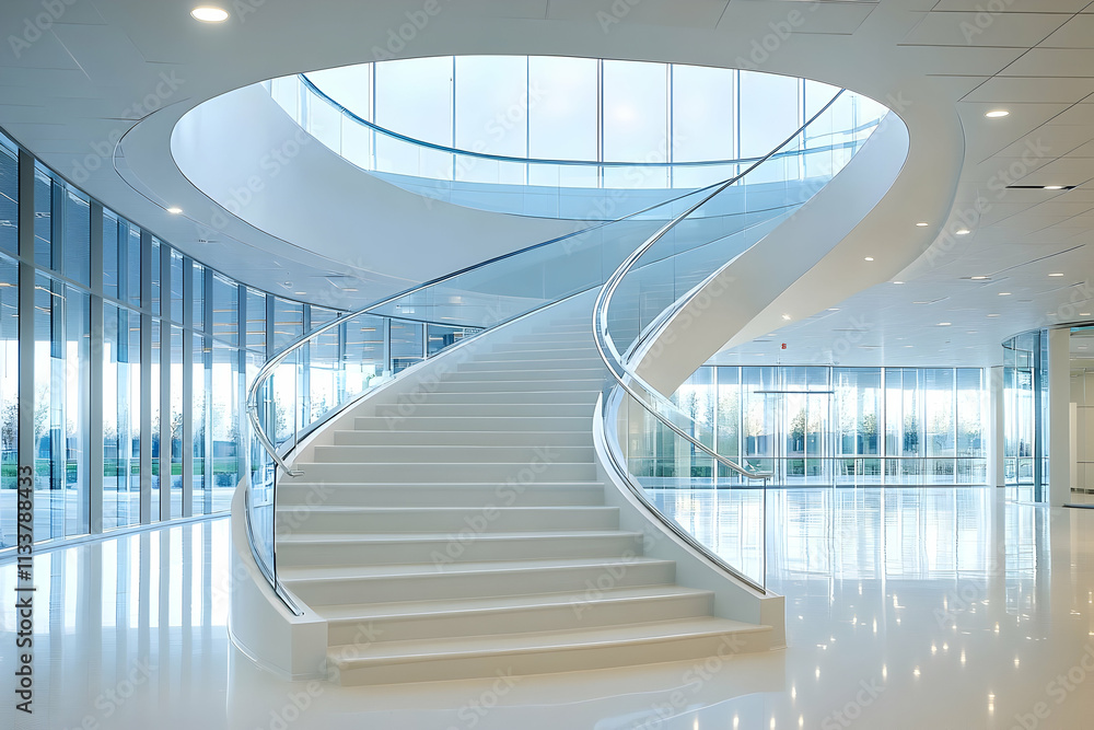 Obraz premium A modern, curved staircase in a bright, spacious interior with large windows.