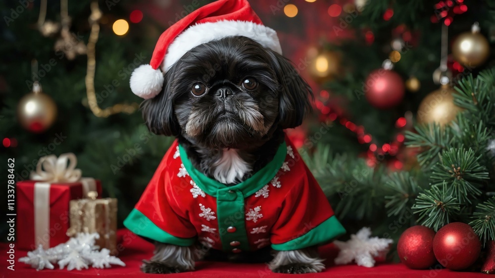 female black shih tzu in a christmas costume with Christmas theme background female black shih tzu in a christmas costume with Christmas theme background