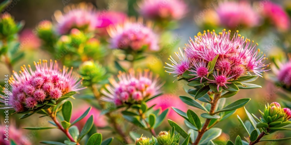 Obraz premium Wild shrub with spiky leaves and pink flowers in a natural habitat, Daphne mucronata, plant, nature, wild, shrub, spiky
