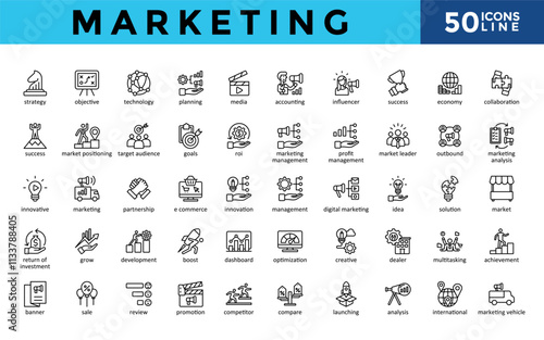 Marketing icons set with strategy, objective, technology, planning, media, accounting, influencer, success, economy, collaboration icon. Simple line vector 
