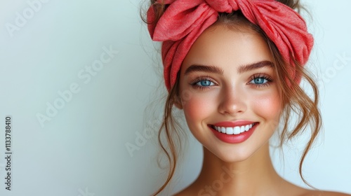 A smiling woman with a coral headband, showcasing a bright and cheerful expression.