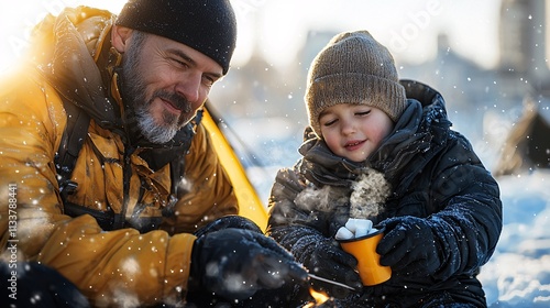 Father son happy smiling winter concept. A father and son enjoy a winter day outdoors, sharing a warm drink while surrounded by snow and sunshine. photo