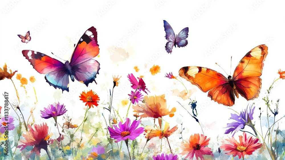 Colorful butterflies fluttering among vibrant flowers on a white isolated background. Colorful butterflies fluttering among vibrant flowers on a white isolated background.