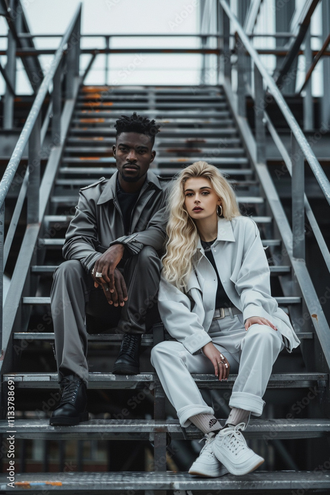 Fashion shoot photo of two models, a man and a woman, shooting on the stairs of a building in a fashionable atmosphere. Fashion shoot photo of two models, a man and a woman, shooting on the stairs of a building in a fashionable atmosphere.