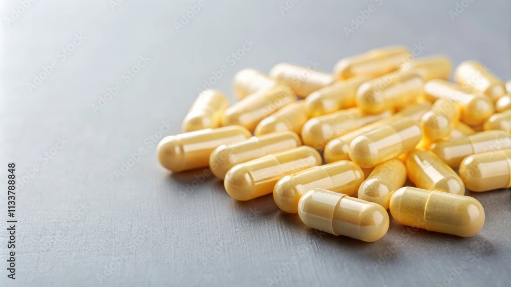 Light yellow vitamin C capsules on a gray background, vitamin C, capsules, pills, yellow, health, supplements, medicine Light yellow vitamin C capsules on a gray background, vitamin C, capsules, pills, yellow, health, supplements, medicine