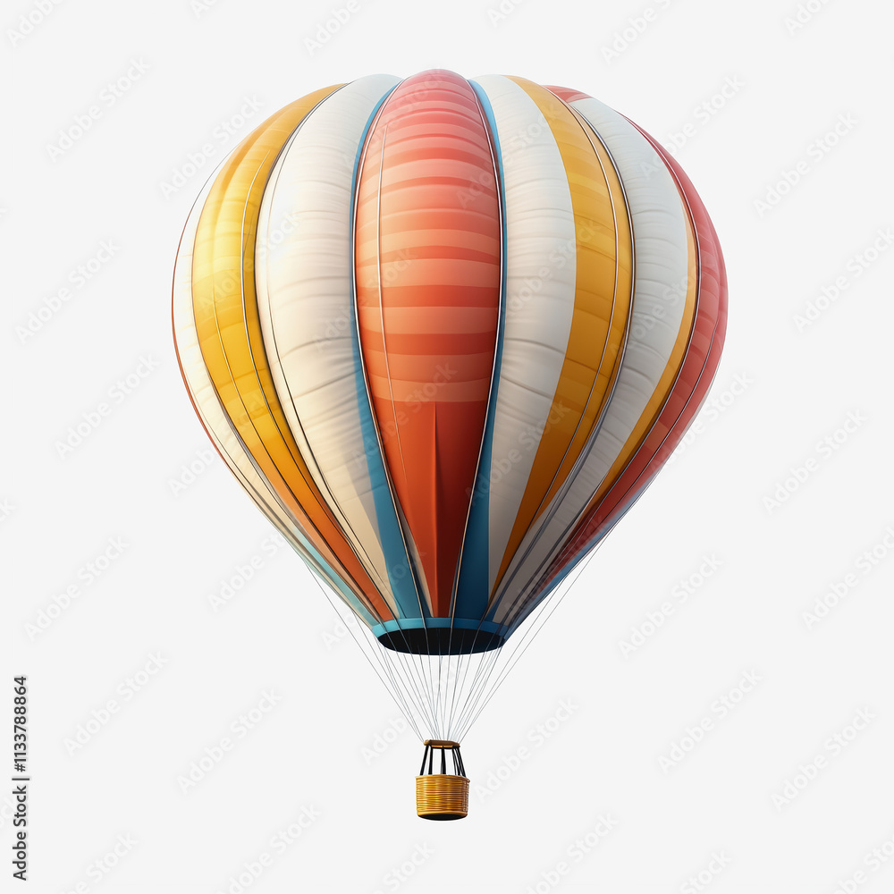 Fototapeta premium Vibrant and Colorful Hot Air Balloon Soaring Against a Pure White Background, Symbolizing Freedom and Adventure, Perfect for Travel, Festival Promotion, or Whimsical Design Projects