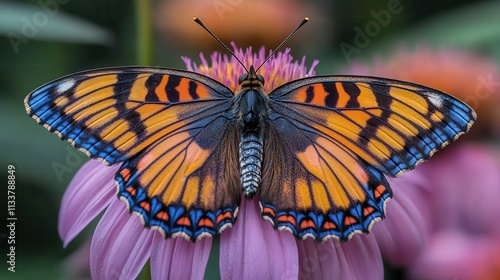 A vibrant butterfly perched on a pink flower, showcasing its colorful wings.