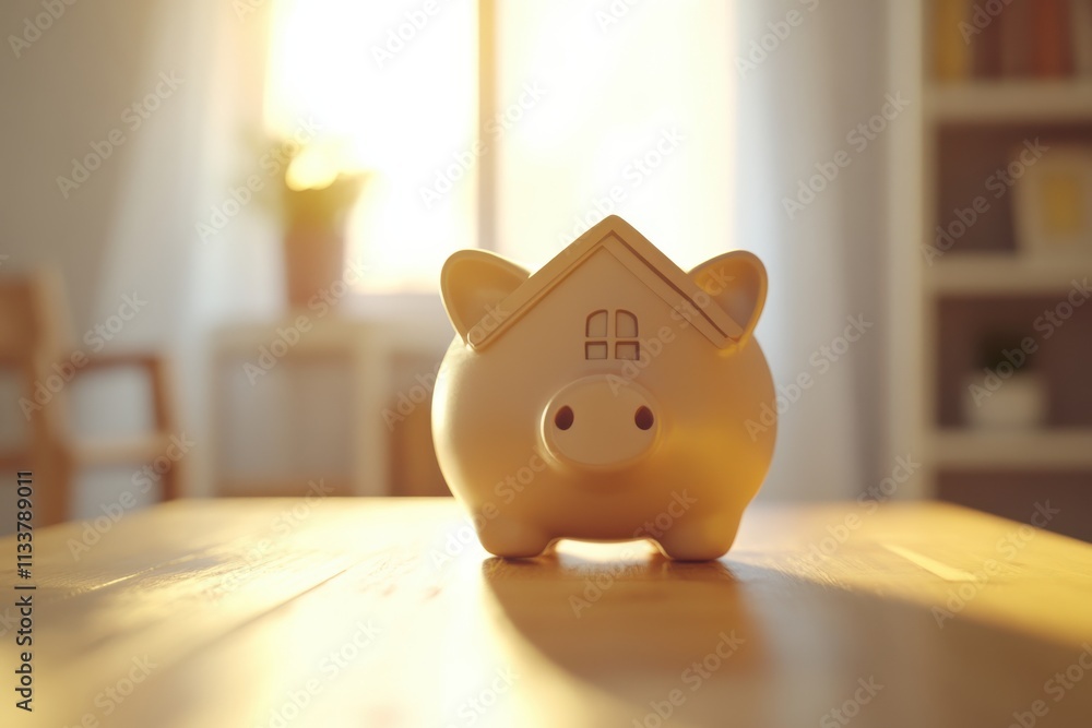 Cute piggy bank with a roof design symbolizing savings for home ownership in a bright setting, representing financial planning and investment in property. Cute piggy bank with a roof design symbolizing savings for home ownership in a bright setting, representing financial planning and investment in property.