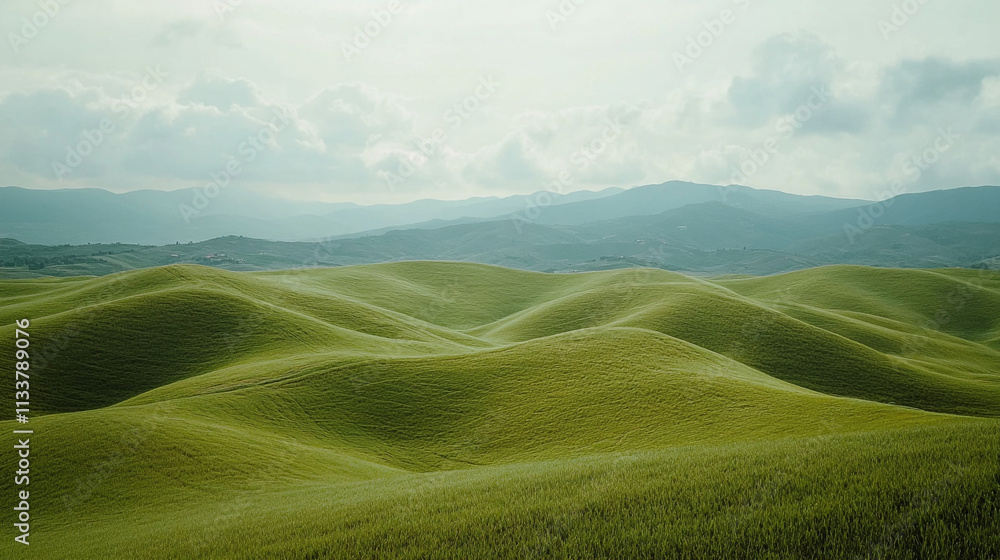 Expansive green hills under a cloudy sky in a tranquil rural landscape Expansive green hills under a cloudy sky in a tranquil rural landscape