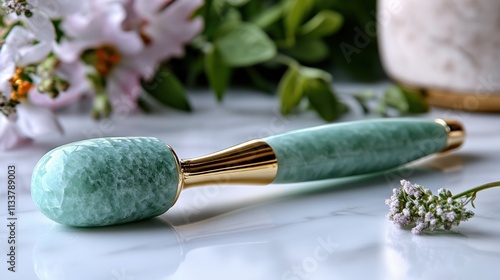 A jade facial roller resting on a marble surface, surrounded by greenery and a cream jar.