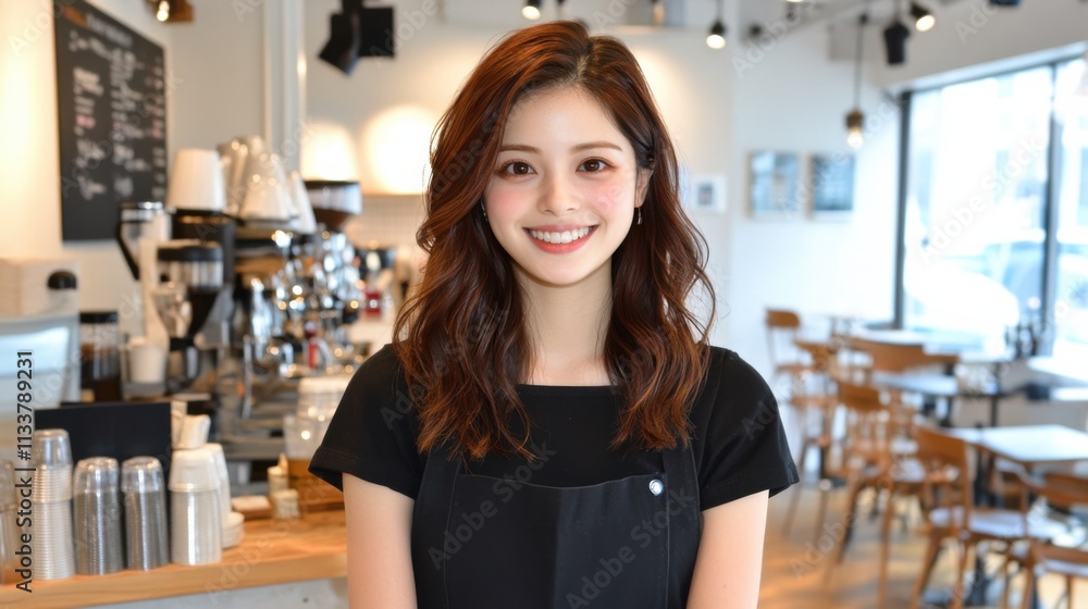 Smiling barista serving coffee cozy indoor portrait photography warm atmosphere friendly vibe inviting experience Smiling barista serving coffee cozy indoor portrait photography warm atmosphere friendly vibe inviting experience