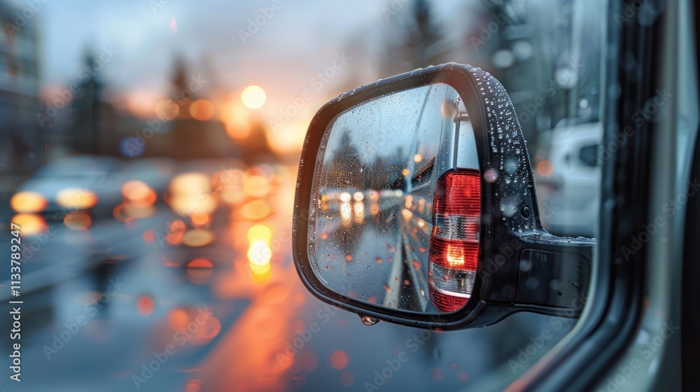 Rainy evening commute, city traffic reflected in wet car side mirror. Rainy evening commute, city traffic reflected in wet car side mirror.