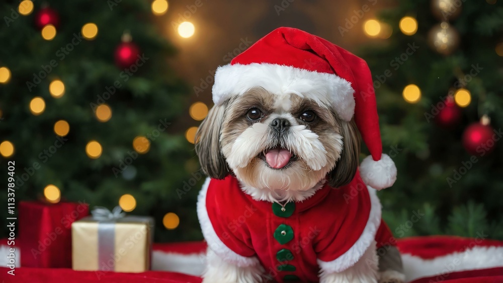 smilin a christmas costume with Christmas theme background smilin a christmas costume with Christmas theme background