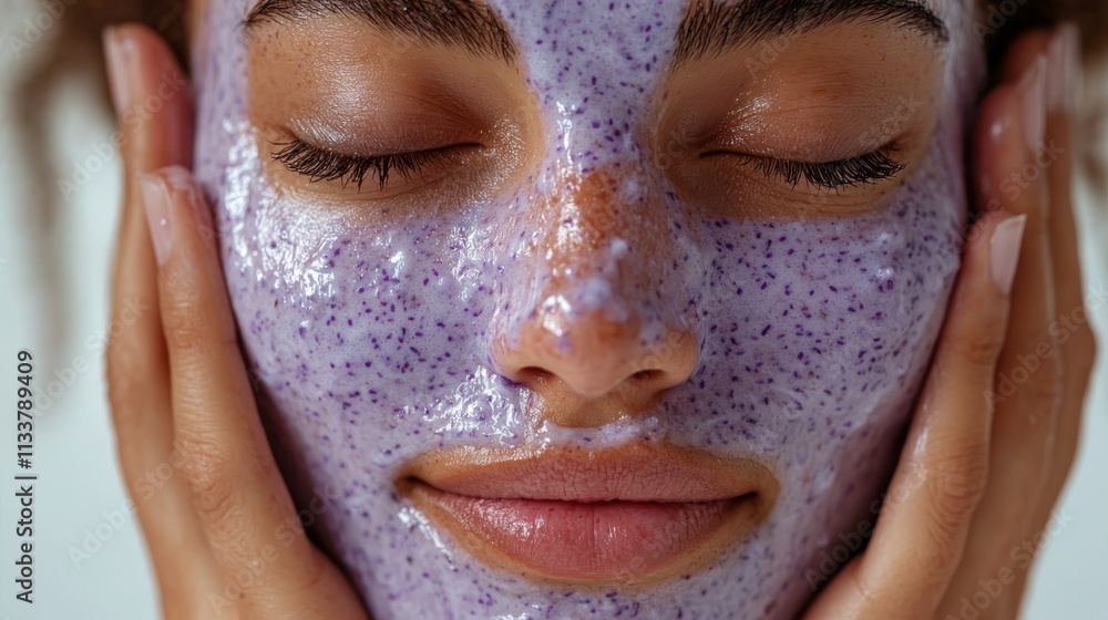 A close-up of a person applying a purple facial scrub, focusing on skincare and relaxation. A close-up of a person applying a purple facial scrub, focusing on skincare and relaxation.