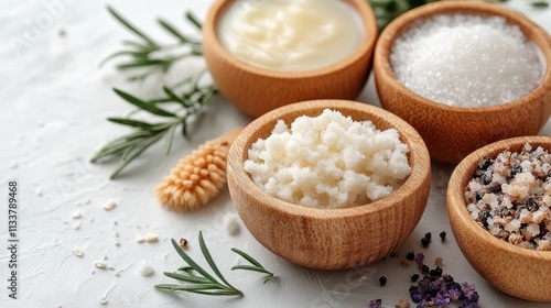 A collection of natural salts and creams in wooden bowls, surrounded by herbs.