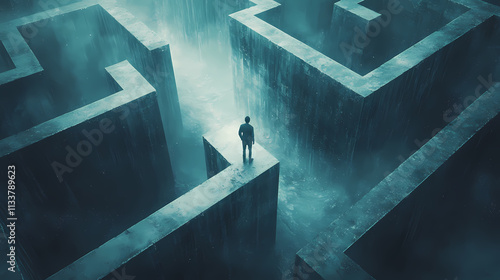 A man stuck in a labyrinthlike maze, surrounded by confusing paths and looming walls, conveying a sense of isolation and confusion, aigenerated, highdefinition, resolution. Looming. Illustration photo