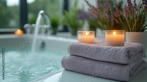A serene bathroom scene with candles, towels, and a relaxing atmosphere.