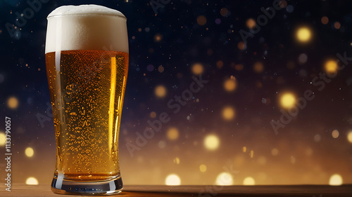 Golden Hour Beer: A perfectly poured pint of beer, glistening with condensation, sits on a wooden surface against a warm, bokeh-lit background. The image evokes feelings of relaxation and enjoyment.